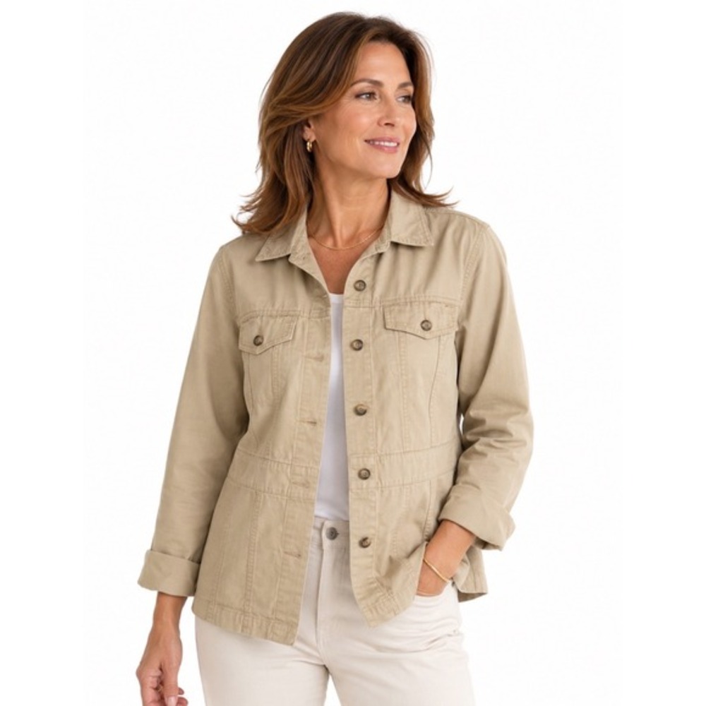 Erika Tan Khaki Button‎ Front Utility Jacket Cotton Blend Casual M Vintage 70-0